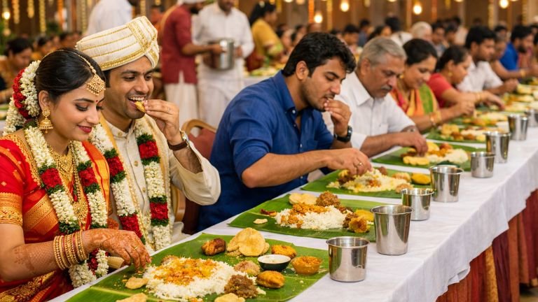 Indian wedding meal ceremony with guests enjoying traditional food at marriage function